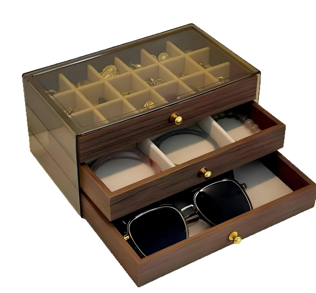 Glass Top Jewelry Organizer - 3-layer wooden storage box in brown tone, featuring precise compartments for rings, bracelets, watches, and sunglasses.