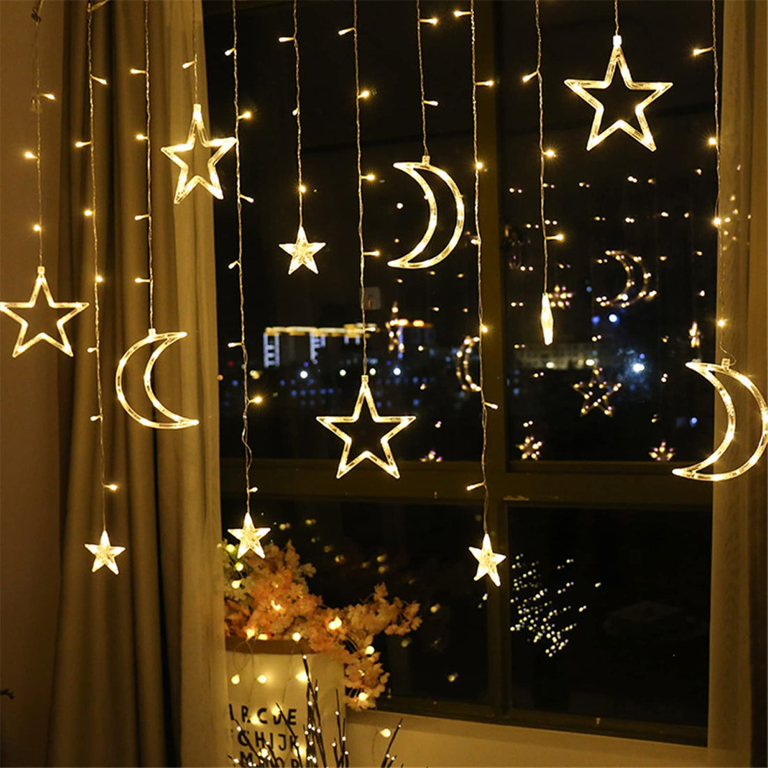 Eid & Ramadan Star Moon LED Curtain Lights - 8 Modes String Lights for Indoor Window, Wedding, & Party Decor - Warm White Fairy Lights for Home Wall Decorations