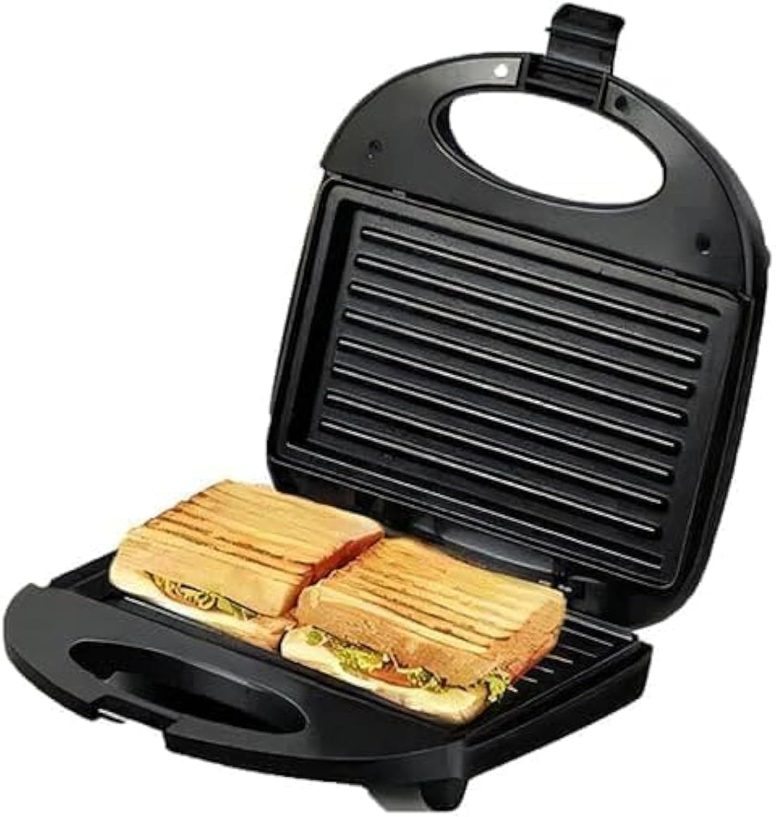 Electric Sandwich Maker – ماكينة صنع السندوتشات الكهربائية، لون أسود، سطح غير لاصق لتحمير قطعتين، تصميم مدمج للمطبخ