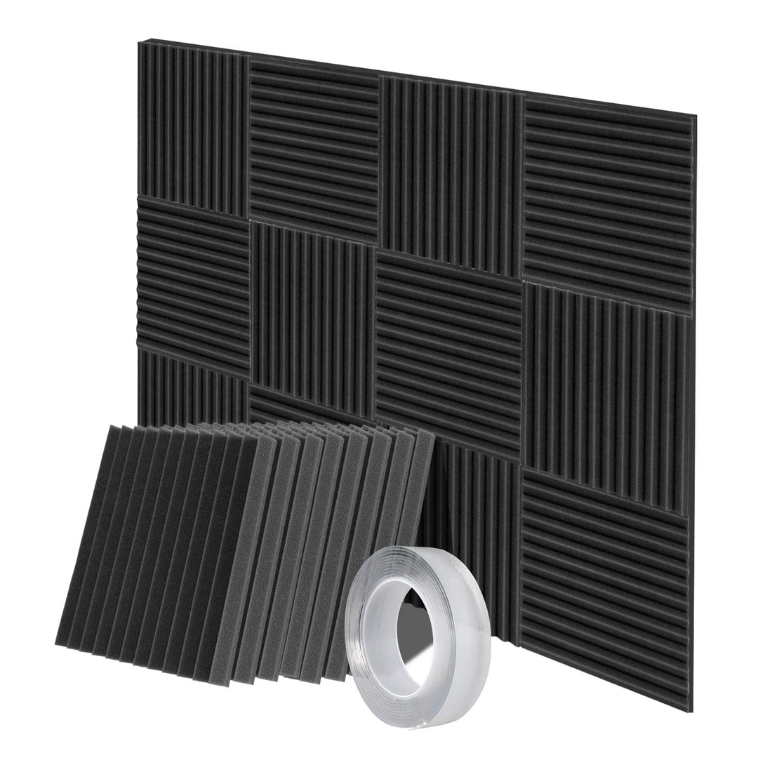 Acoustic Foam Panels, 24 Pack Sound Proofing Foam Wall Panels 30 X 30 X 2.5 cm Soundproofing Panels, Noise Cancelling Foam Tiles with Adhesive (Black)