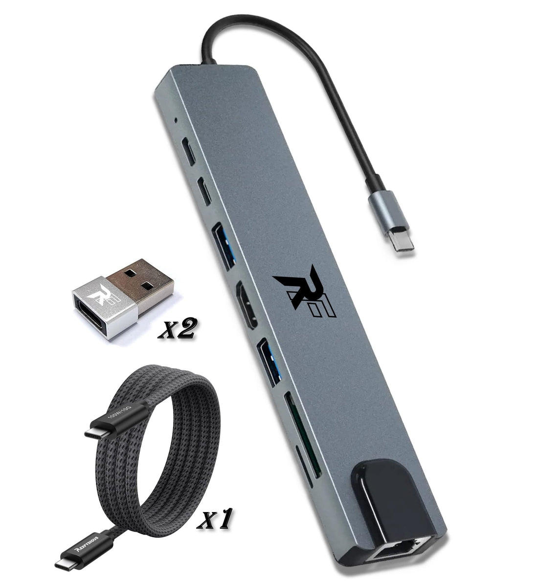 USB C Docking Station 8 in 1 Multiport Adapter RJ45 Ethernet Adapter, 100 W PD, LAN Hub USB C Dock, USB C Hub 4K HDMI for Windows Android MacBook (Grey 100W/10Gbps Cable)