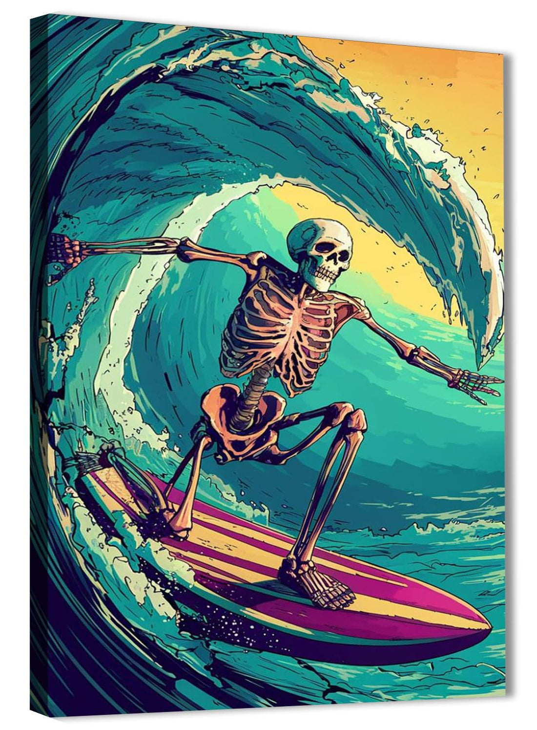 Skills Wall Art - Human Skeleton Riding a Surfboard on a Huge Sea Wave - Wall Art for Living Room, Bedroom, Office Decorations & More - Size (30cm x 40cm)