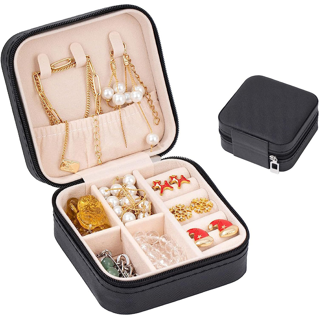 Arabest Small Jewelry Box, Mini Jewelry Travel Case, PU Leather Travel Jewelry Organizer Box, Small Portable Portable Jewellery Storage Holder for Womens Rings Earrings Necklaces Bracelets (Black)