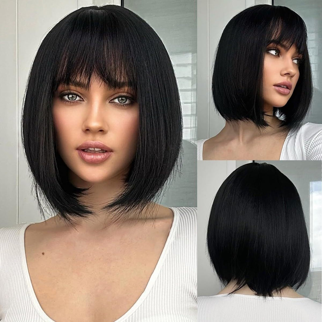 ECIF Black Straight Short Hair Bob Wigs With Flat Bangs Cosplay Synthetic Wigs For Women