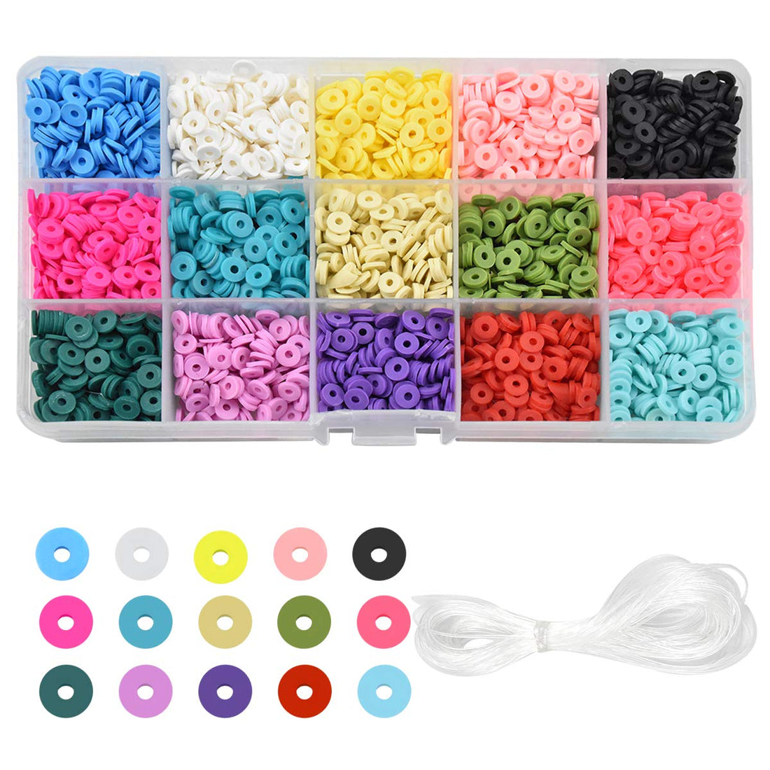 6mm Clay Bead Flat Beads for Craft Multi-Color Flat Round Polymer Clay Spacer Beads Loose Beads for Jewelry Making Bracelets Necklace Earring DIY Craft Kit with 10m String (About 2850, 15 Color)
