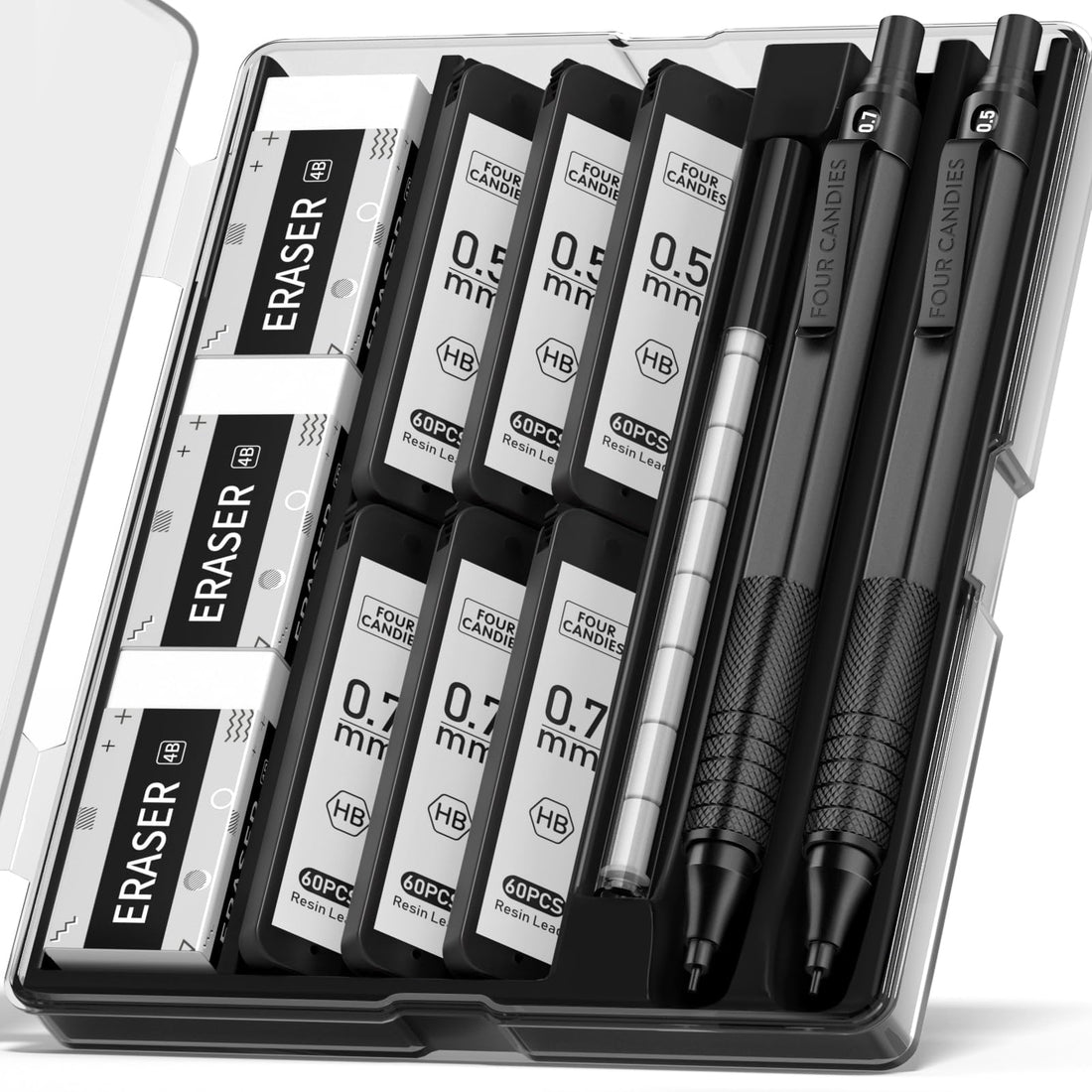 Four Candies 2PCS Metal Mechanical Pencils Set with Case, 0.5mm & 0.7 mm Artist Pencil with 6 Tubes (360PCS) HB Lead Refills, 3 Erasers,9 Eraser Refills For Writing Drafting, Drawing, Black