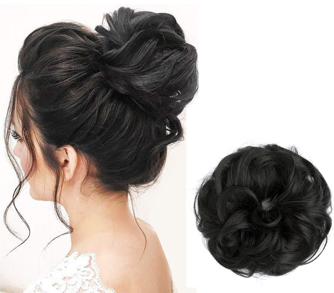 Messy Hair Bun Hair Scrunchies Extension Curly Wavy Messy Synthetic Chignon for Women Updo Hairpies.(Black Mix Little Brown)