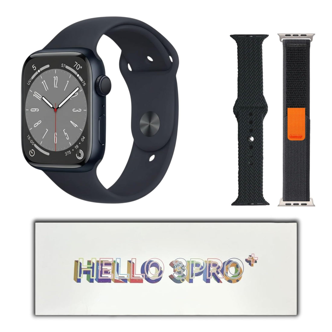 Hello 3Pro+ Smart Watch, 45mm, AMOLED, Always on Display, Blood Pressure Monitor, Oxygen Saturation, Multi Sports Mode, 3 Straps, Arabic Not Reversed (Not A Medical Device)