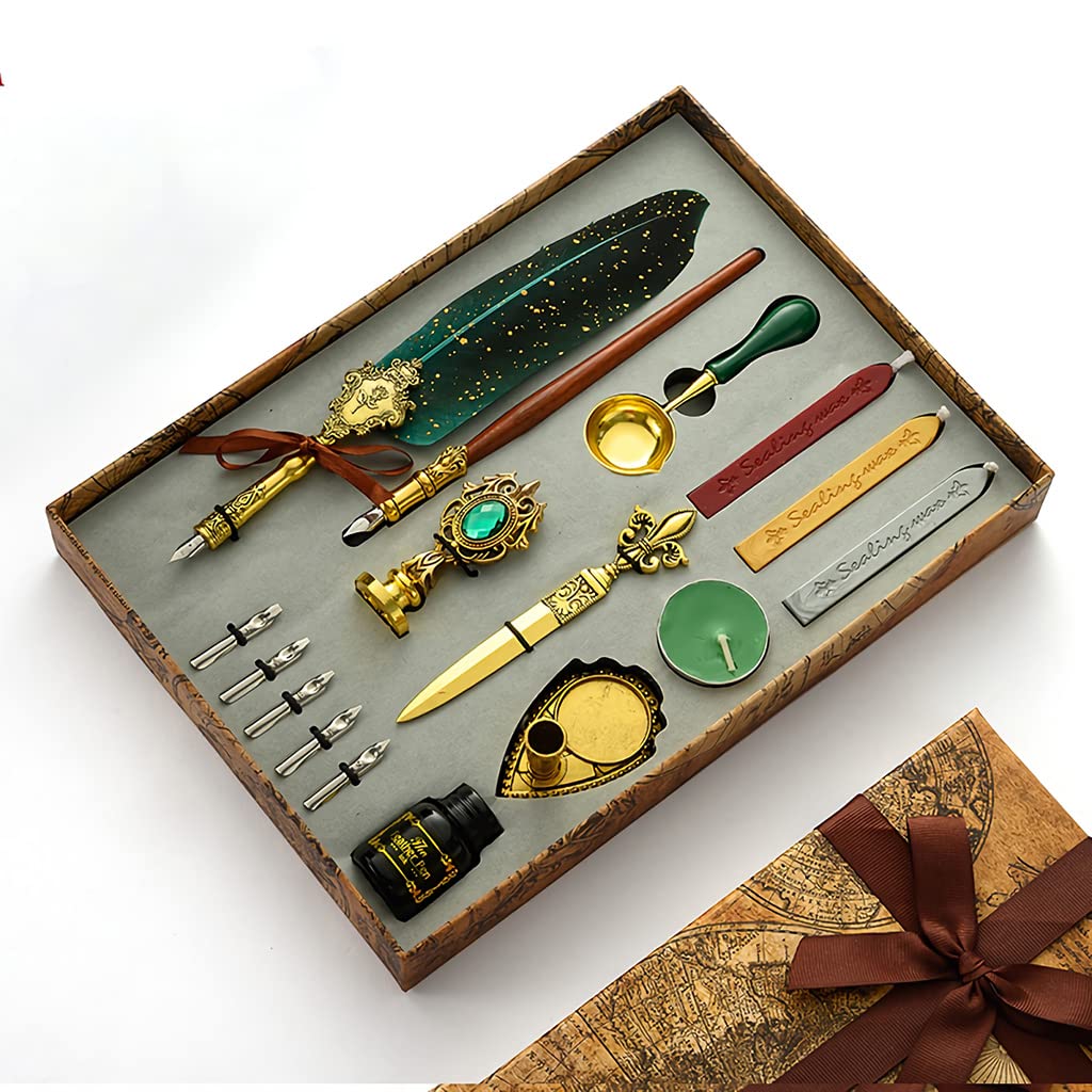 HASTHIP® Quill Pen and Ink Set, Calligraphy Feather Dip Pen With Wax Seal Stamp, 5 Replacement Nibs, 3 Seal Sticks, Pen Nib Base, White Wax, Spoon (Green)