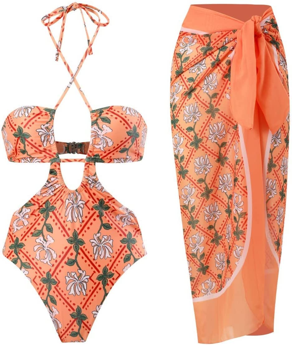 fashion mania Moroccan Printed Swimsuit Pull Pleated Hanging Neck Swimsuit Draped Yarn One-piece Swimsuit Bathing Suit Women