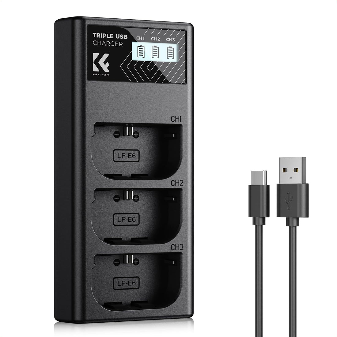 K&F CONCEPT LP-E6/LP-E6N/LP-E6NH Dual Slot Camera Battery Charger, Micro USB and Type-C Port Fast Charger for Canon EOS R5, EOS R6, EOS R, EOS 5D Mark IV, 5D Mark III, 5DS, 5DS R, 5D Mark II, 6D