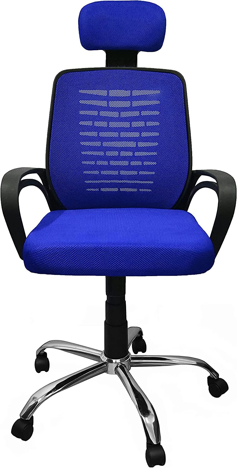 High Back Mesh Chair with Fixed Armrest and Non Adjustable Back with Adjustable Headrest and Strong Metal Star, Multicolor – Market Misr (Blue, Chairman)