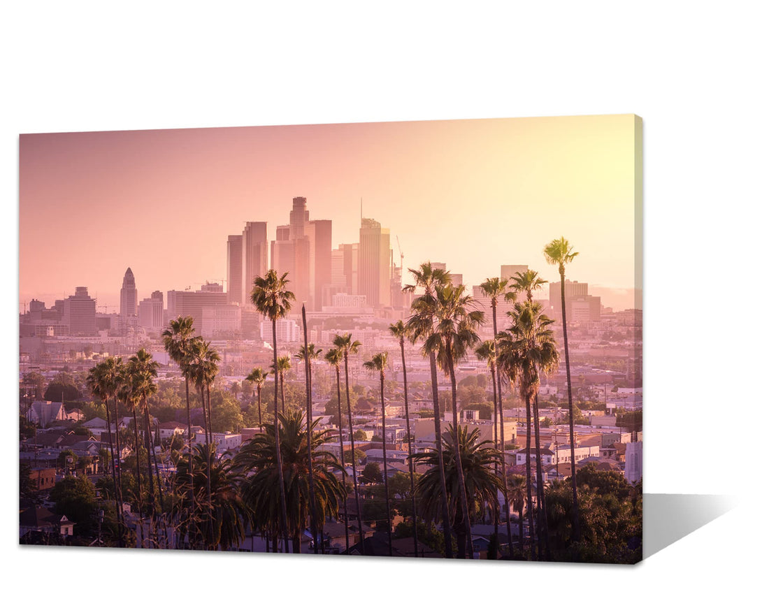 uoppoum US City Wall Decor Los Angeles Skyline Wall Art for Home Living Room Office Urban Palm Trees Poster California View Picture Canvas Painting with Frames Ready to Hang(24x16 inches)