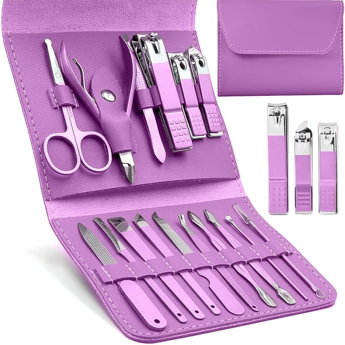 Manicure Set, Manicure & Pedicure Set 16 Pcs, Professional Grooming Kit for Men & Women, Stainless Steel Fingernail & Toenail Cutter, Ideal for Nails, Brows and Ears, Modern Design (Purple)