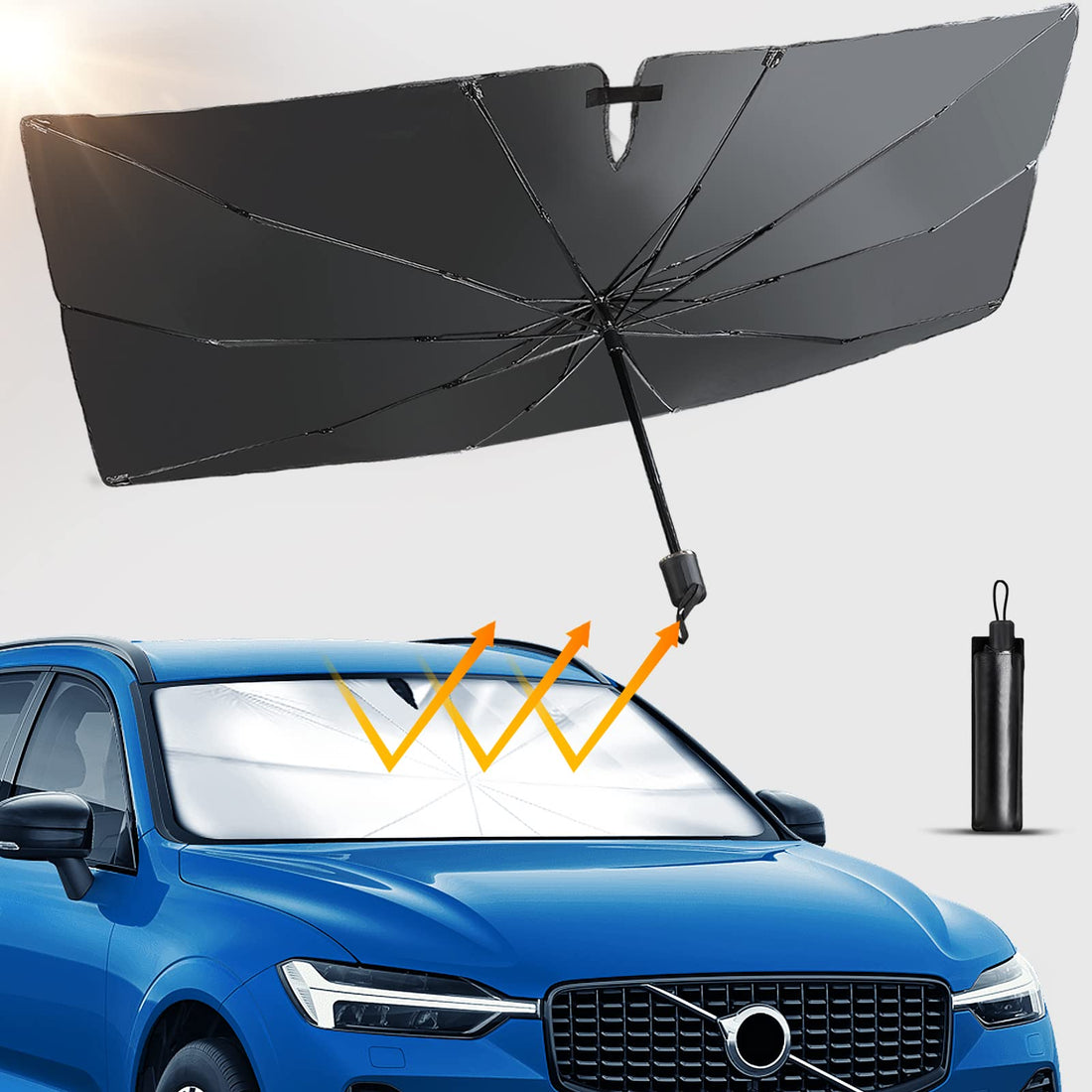 Car Windshield Sun Shade Umbrella, Foldable Car Front Window Sunshade Umbrella for UV Ray Block & Sun Heat Protection, Automotive Windshield Sunshades Fit Most Vehicles (55"X31.5")