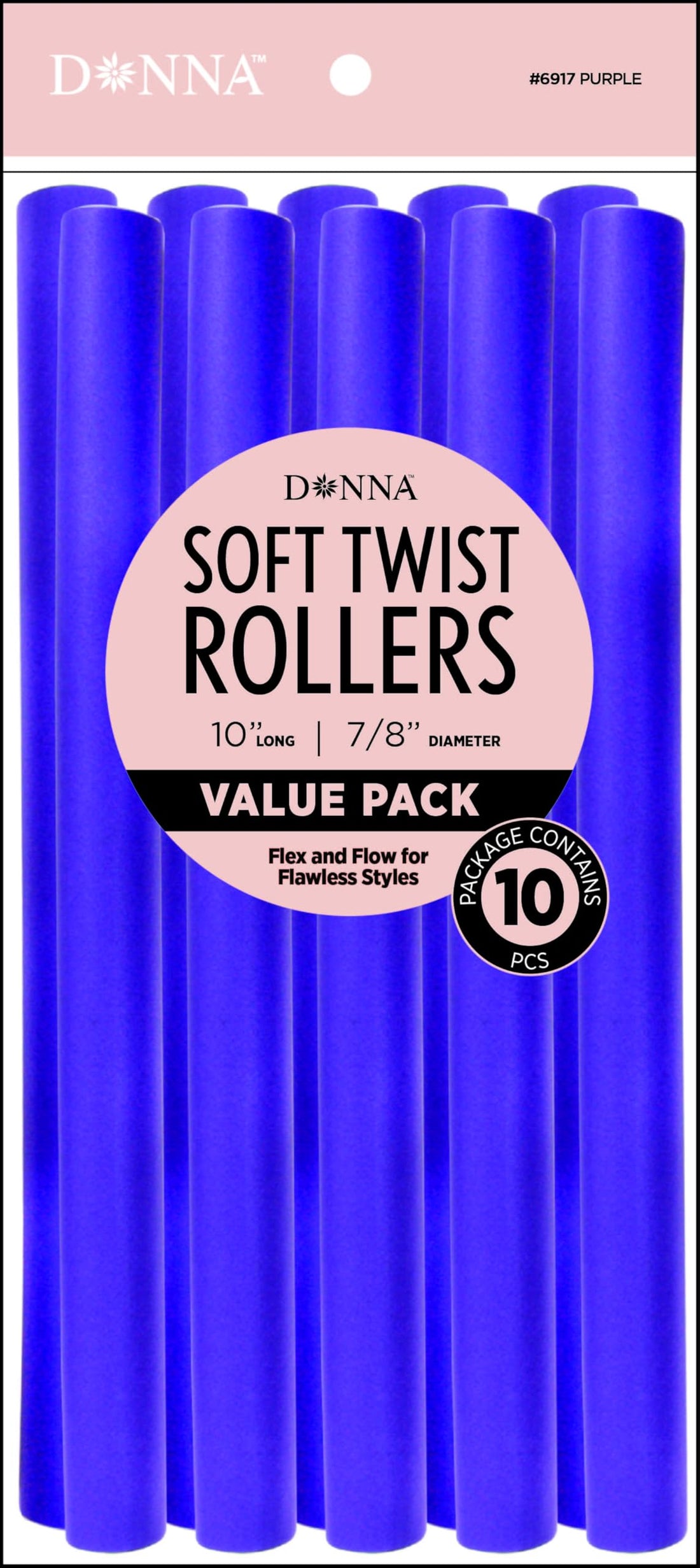 DONNA 10″ Soft Twist Hair Rollers – Flexible Foam Curlers for Heatless Styling, 7/8″ Diameter, Pack of 10 – Ideal for Natural Hair, Curls & Overnight Styles – Purple