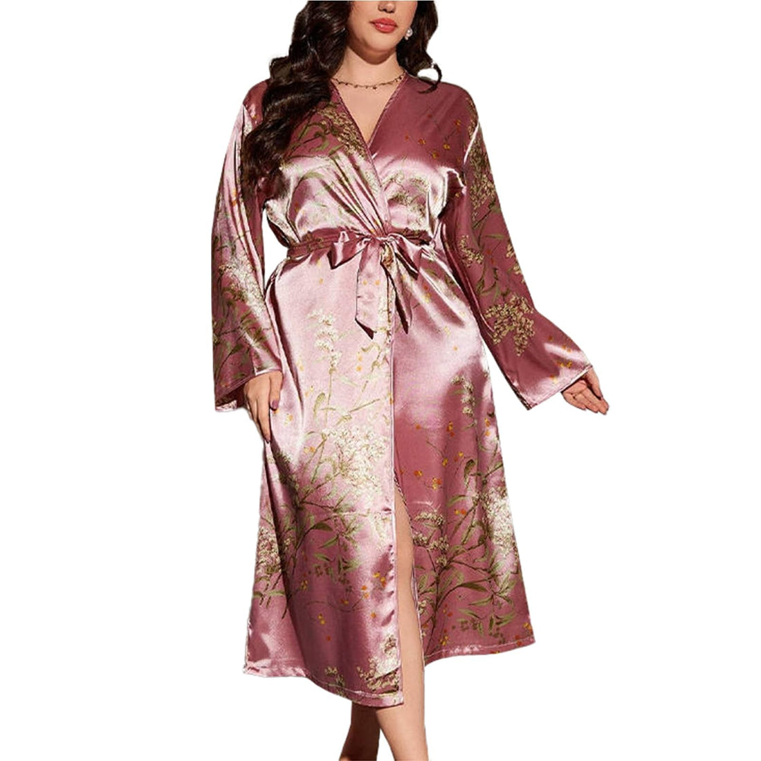 Luxury Women's Faux Silk Robe Elegant V-Neck Adjustable Strap for Every Moment, Solid Floral Patterns Perfect for Gifts, Honeymoon, Home Comfort