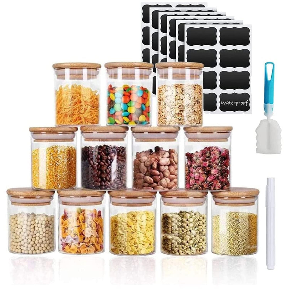 O9 O-NINE Glass Jars Set 9OZ, 12 Set Glass Spice Jars with Bamboo Airtight Lids and Labels, Food Cereal Storage Spice Containers for Home Kitchen Tea Herbs Coffee Flour Herbs Grains