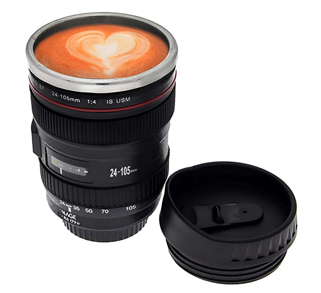 Insulated Mug - Camera lens inspired stainless steel coffee mug with padded lid, 400ml capacity, ideal for hot beverages, water, and social moments with friends in stylish design
