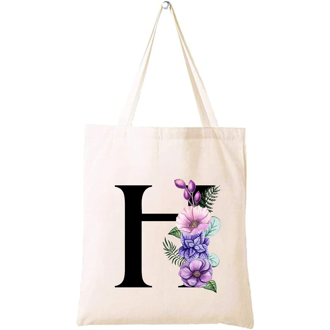 Eco-Friendly Canvas Cotton Tote Bag with Floral Design on Initial Letters Printed Bridesmaids Bags for Women- Reusable Shopping Bag, Party Gift Idea and Cotton Gift Bag