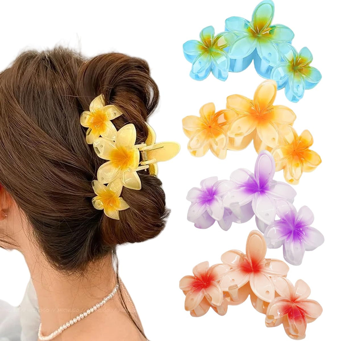 Flower Hair Claw Clips, 4PCS Hawaiian Non-Slip Matte Claw Clips for Women & Girls - Cute Large Plumeria & Hibiscus Hair Beach Accessories for Thick & Thin Hair (Style 1)
