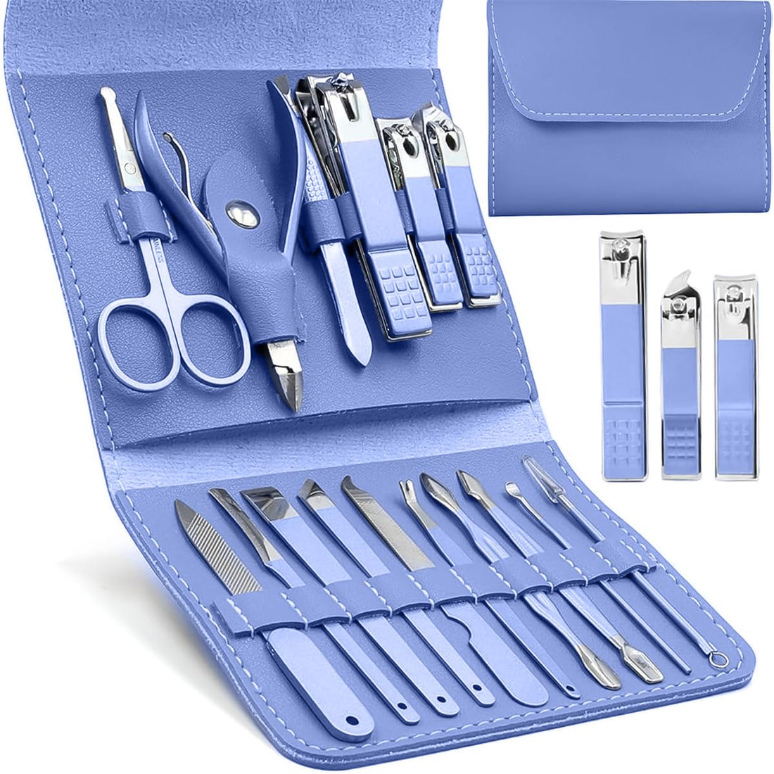 Manicure Set - 16 in 1 Professional Nail Clipper Set - Stainless Steel Pedicure Kit Nail Care Kit for Men Women with Storage Travel Case (Blue)