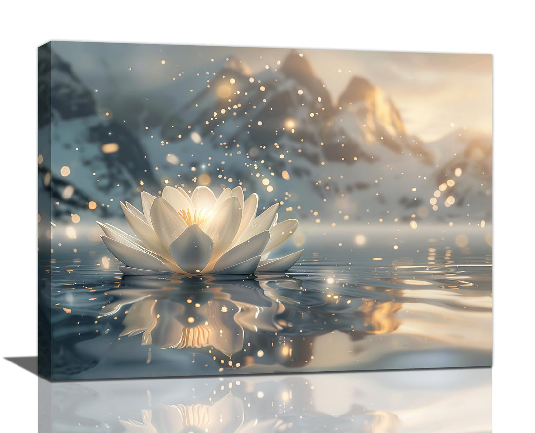 Zen Canvas Wall Art White Lotus Flower Pictures Wall Decor Yoga Spa Meditation Print Painting Zen Spiritual Artwork Modern Home Decorations for Bathroom Yoga Room Living Room Restroom Framed 12"x16"