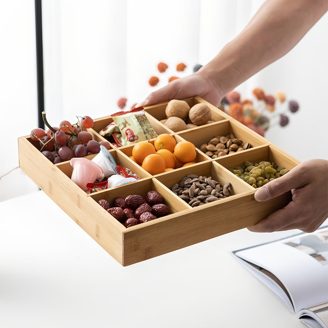 Arabest Serving Tray with 9 Compartments, Wooden Tray Divided Tray for Serving Food,Square Tea Tray Food Tray for Hot Pot, Fast Food, Breakfast, Tea Coffee Table(33.5x33.5x5cm)