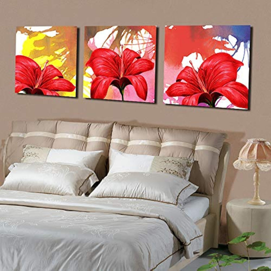 Red Flowers-Print Square-Shaped Modern Tableau, 90x30 cm - 3 Pieces