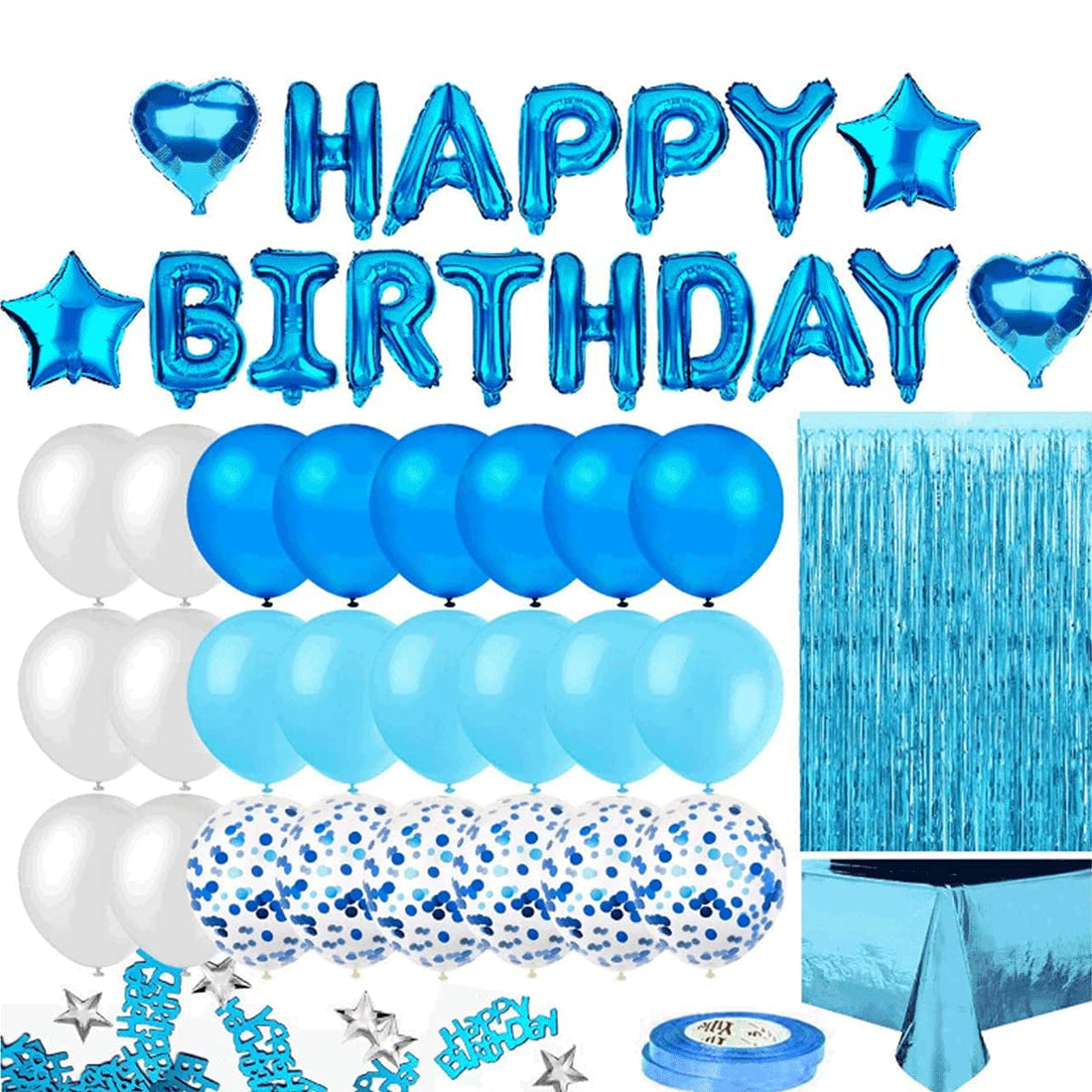 Beauenty Blue Birthday Party Decoration, Happy Birthday Banner, Sky-Blue Fringe Curtain, Heart Star Foil Confetti Balloons, Foil Tablecloth,10g Table Confetti for Girl Boy Kids Men Women Adults