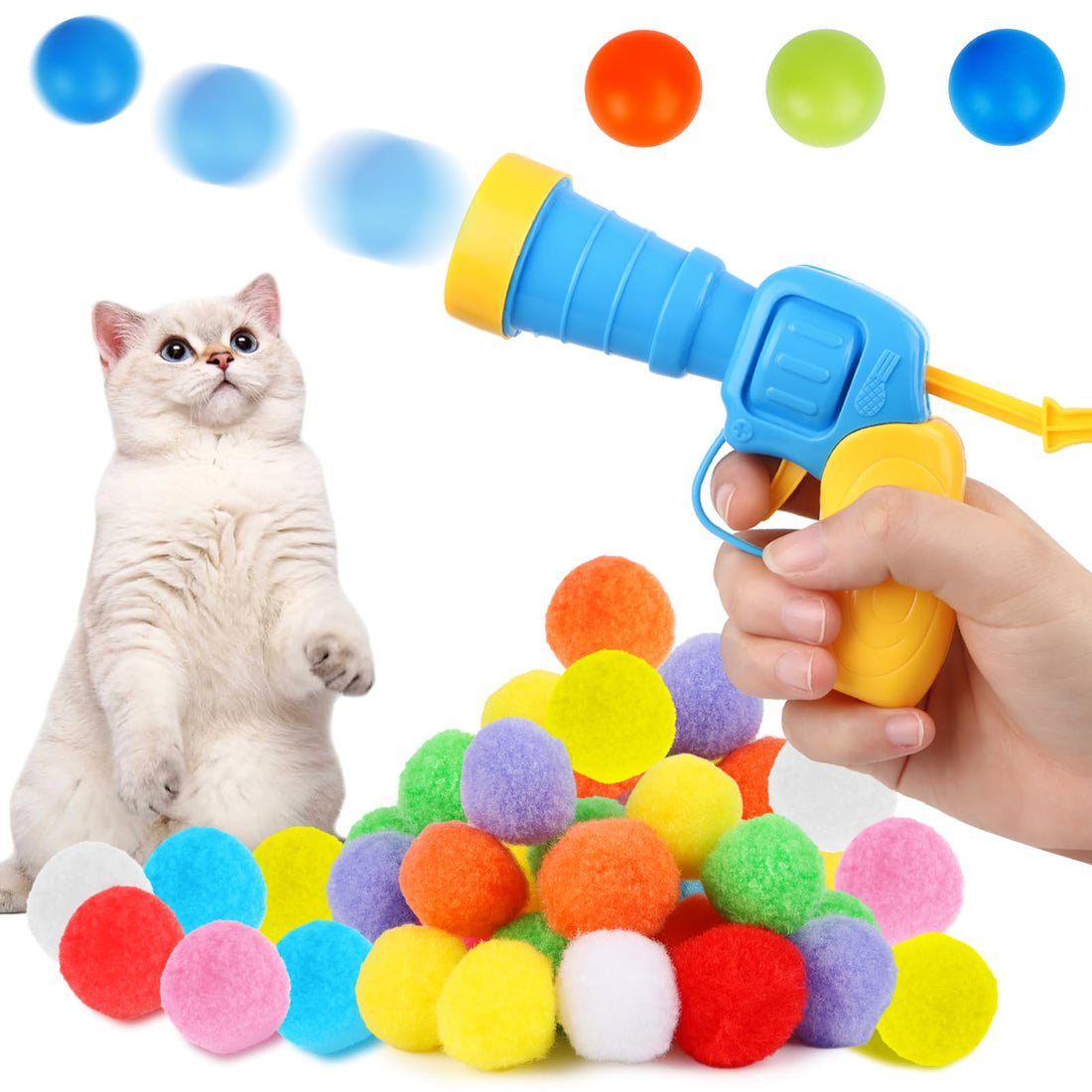 AKONE Cat Toy Ball, Interactive Cat Toy, Cat Toy Set with Ball Launcher, Colourful Cat Ball Cat Toys for Indoor Cats, Silent Cat Toy Cat Balls