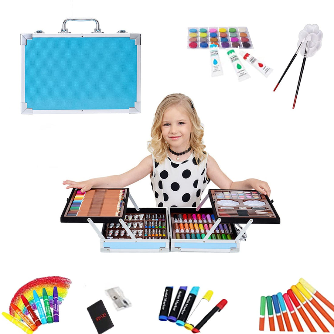 Beauenty Deluxe Art Set 145PC 2 Layers, Kids Art Supplies for Drawing, Painting, Portable Aluminum Case Art Kit for Kids, Teens, Adults Great Gift for Beginner and Serious Artists (Blue)