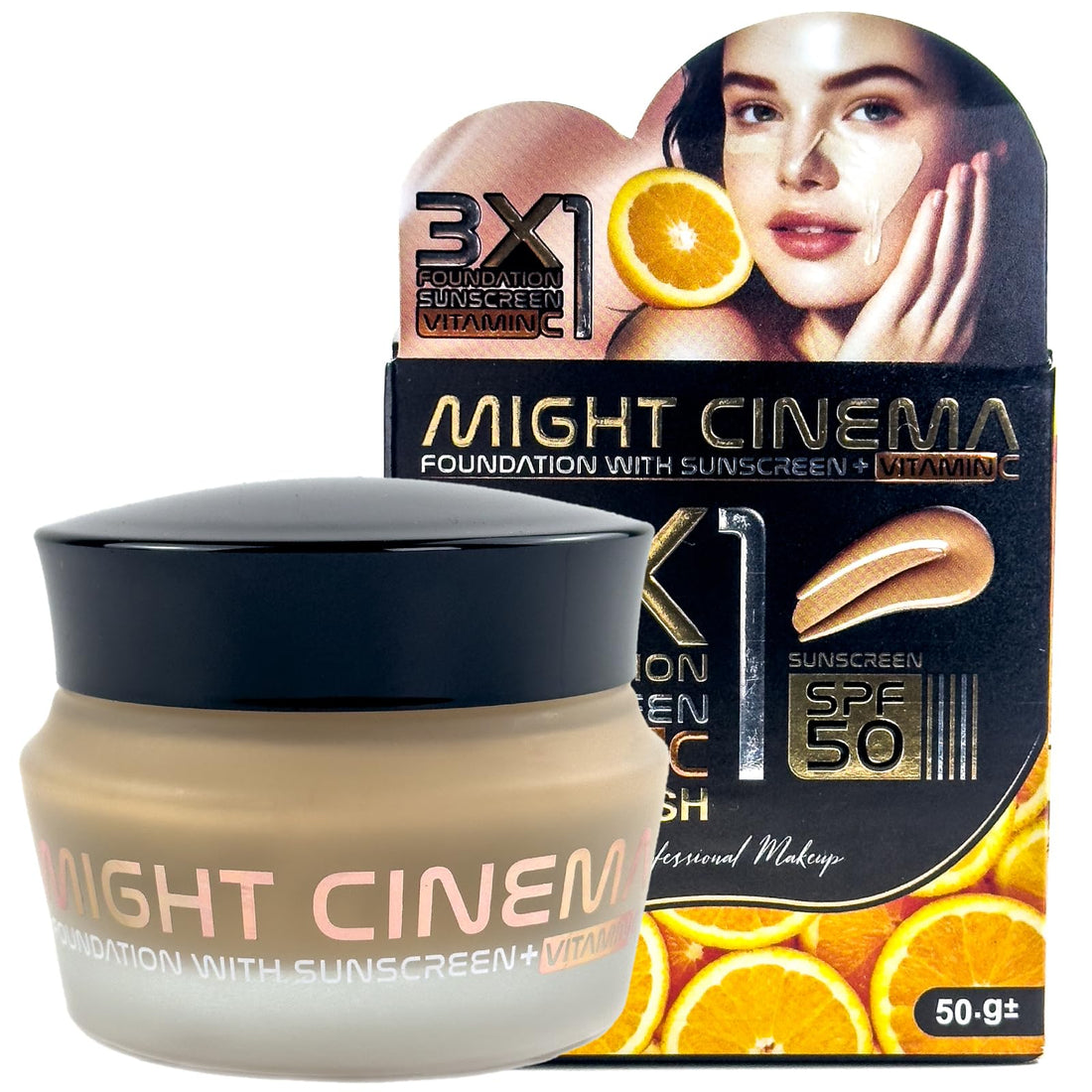 Might Cinema - Foundation, 3X1 Foundation & Sunscreen & Vitamin C, Flawless All Day Effect Foundation With Vitamin C, SPF 50, Model - 1358 (101)