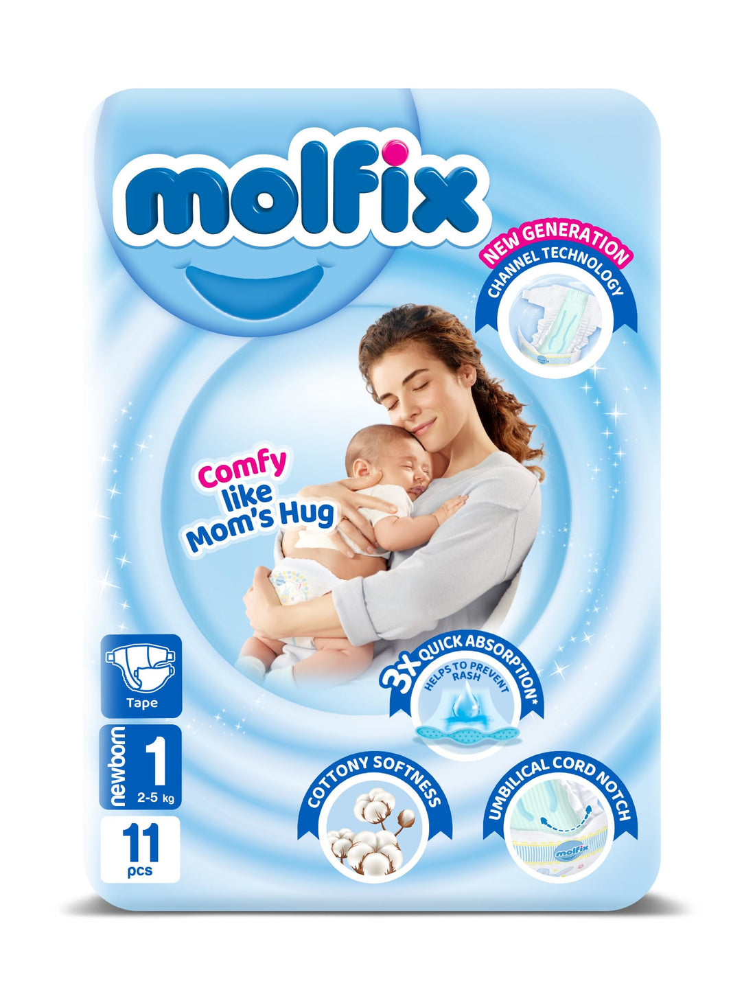 Molfix Baby Diaper Open Size 1, Small Pack, 2-5 KG, 11 Units, Molfix Open Diapers, Size 1, 2-5 KG, Small Pack 11 count, Cotton Material