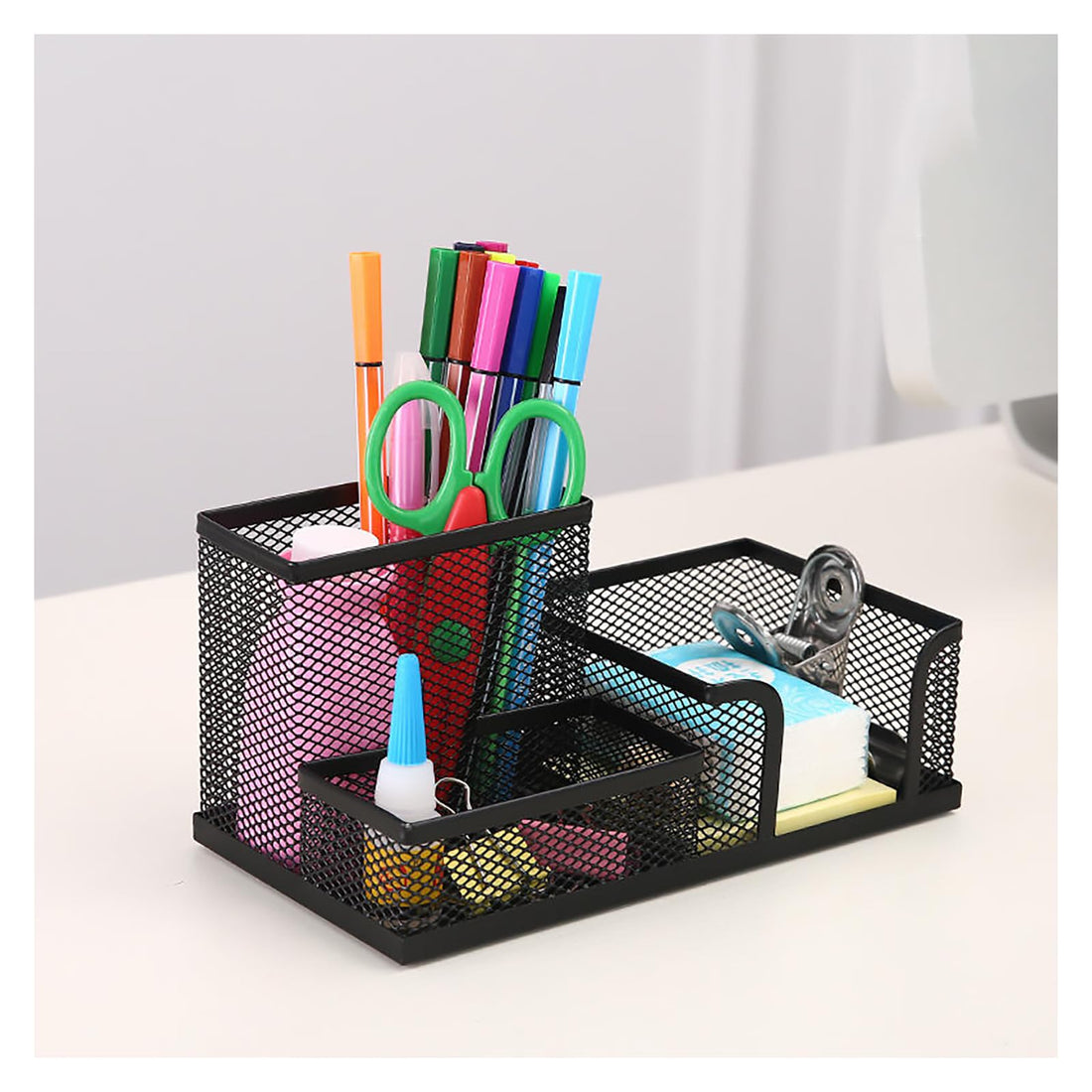 xunujrtu Desk Organizer Mesh Desktop Office Supplies Multi-functional Caddy Pen Holder Stationery with 3 Compartments for Office, Home, School, Classroom