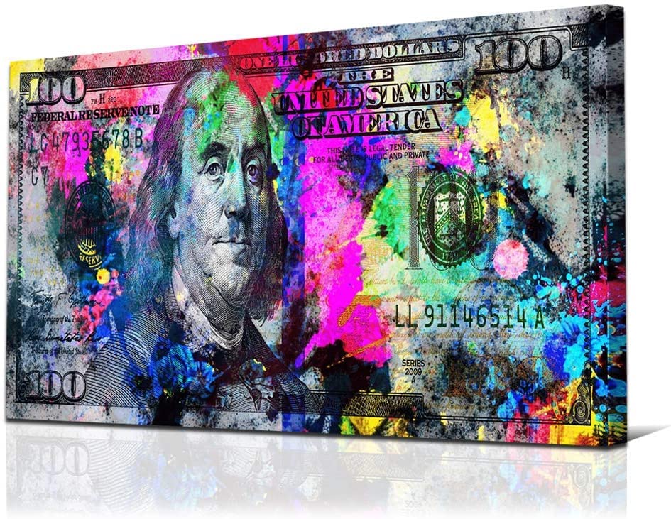 JUSTBR 100 Dollars Bill Wall Art Canvas Print Office Decor Money Inspirational Wall Art Money Pop Art Entrepreneur Motivational 100 Bill Cash Benjamin Franklin Dollar Home Living Room Decor 20"X40"