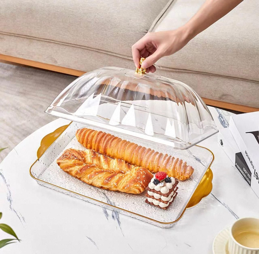 Clear Serving Tray with Dome Lid, Golden Bear Handle, Gold Edge, for Desserts and Pastries