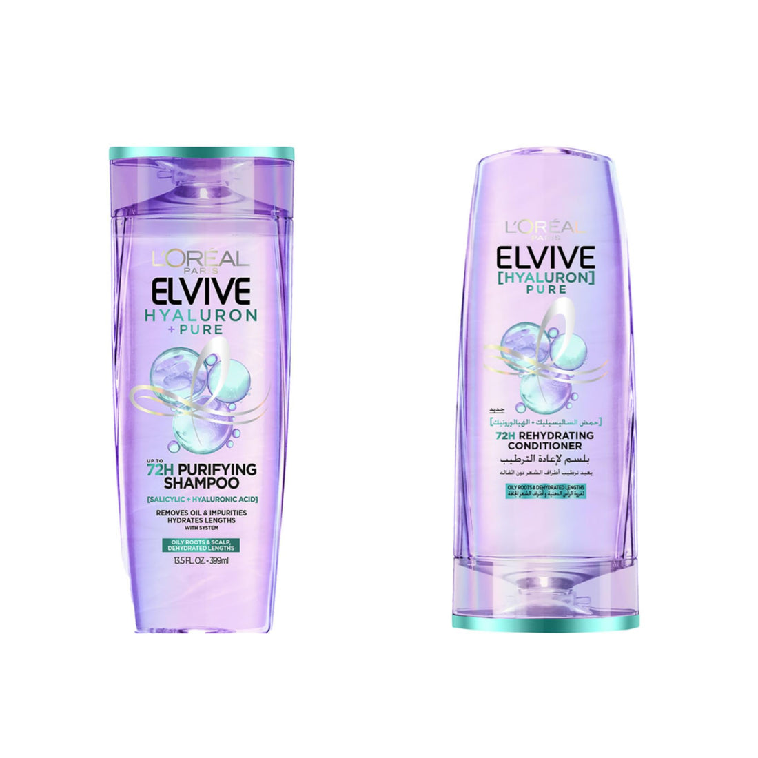L’Oréal Paris Elvive Hyaluron Pure Purifying Bundle, Shampoo 400ML + Conditioner 360ML for Oily Hair.
