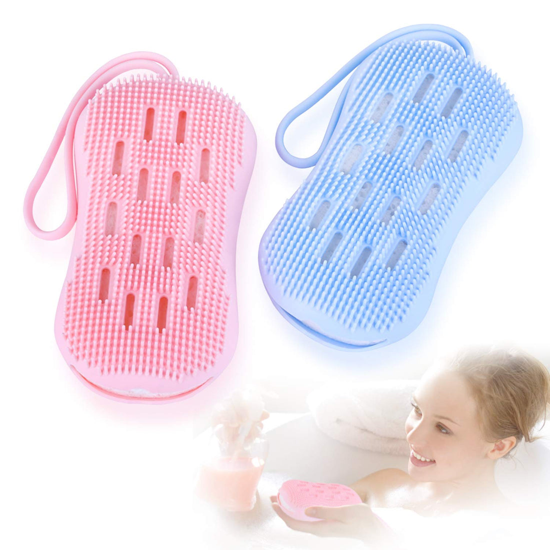 ONTA Soft Silicone Bath Brush,2 Packs Exfoliating Shower Scrubber Body Brush, Double-Sided Shower Loofah with Wood Pulp Cotton, SPA Massage Skin Care Tool, for Sensitive and All Kinds of Skin