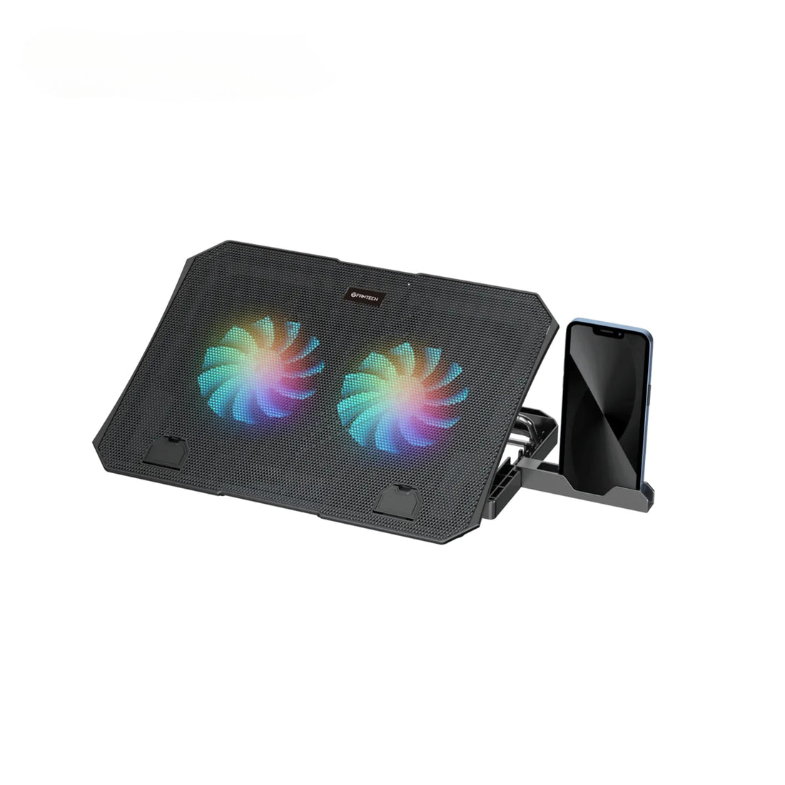 FAN.TECH NC14 Laptop Cooling Pad with 2 Powerful Fans & Cooling Pad - RGB Lighting, 5-Level Adjustable Height, Phone Holder, 2 USB Ports, Durable Stable Design - Black