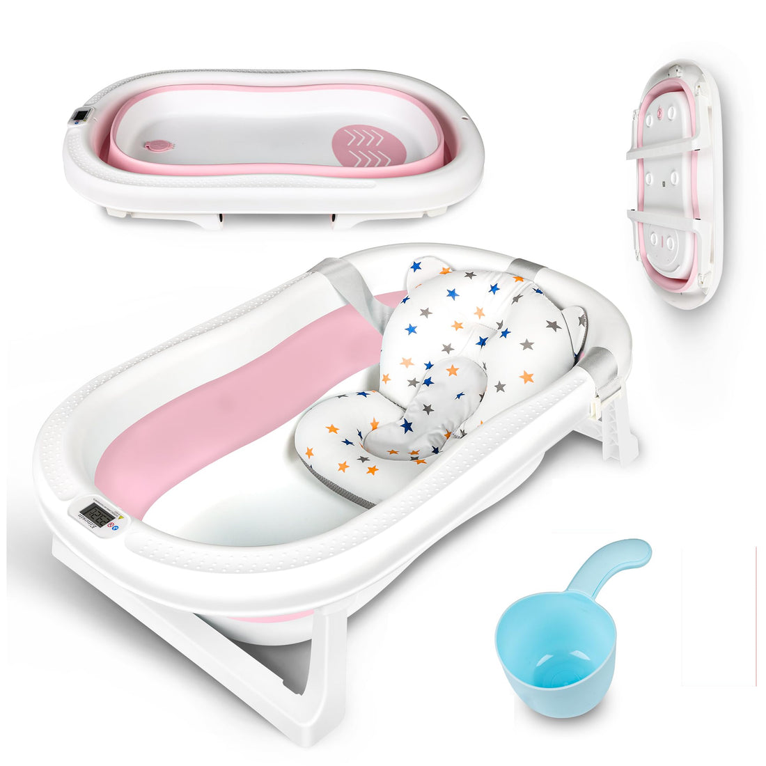 Einesin Large Foldable Baby Bath with Integrated Thermometer, Baby Tub Including Bath Insert Baby, Baby Hair Washing Cup, Baby Bathtub Foldable for Babies 0-6 Years, Pink