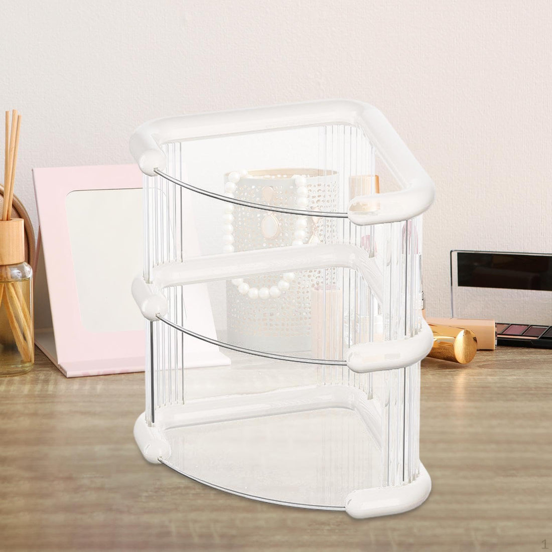 Makeup Stand - 3 Tier Triangle Bathroom Organizer for Countertop, Perfume Display Tray, Skincare Shelf for Vanity Corner, White Home Storage Holder for Dresser Top