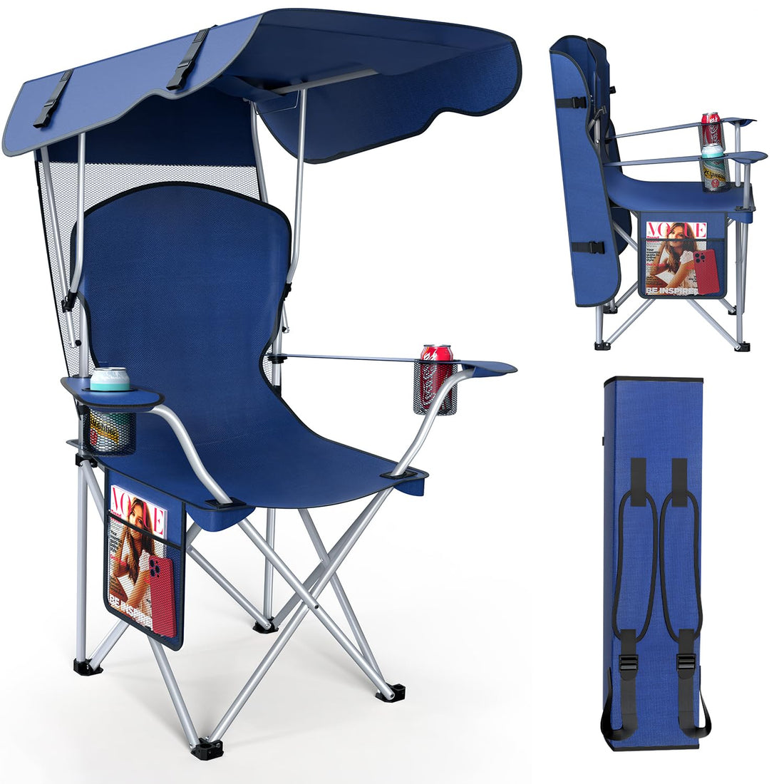 VTOY(50”Hx36”W Lawn Chairs,Camping Chair with Canopy Foldable W/Sun Shade for for Beach Camping Folding Outdoor Fishing/Sports|with Two Cup Holder and Storage Bag