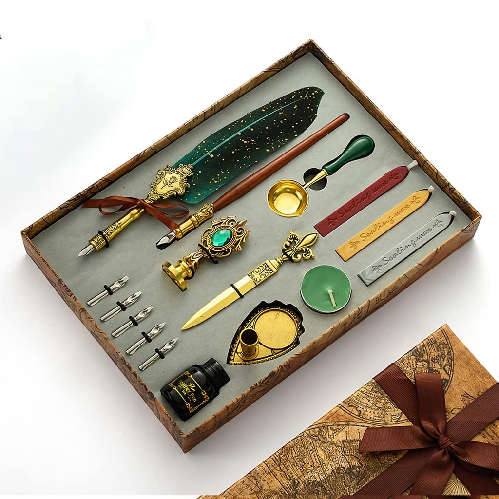 brinicle Quill Pen and Ink Set, Calligraphy Feather Pen with Wax Seal Stamp, Includes Feather Dip Pen, Ink, 5 Replacement Nibs, 3 Wax Seal Sticks,Pen Nib Base,Seal Stamp, White Wax,Spoon (Green)