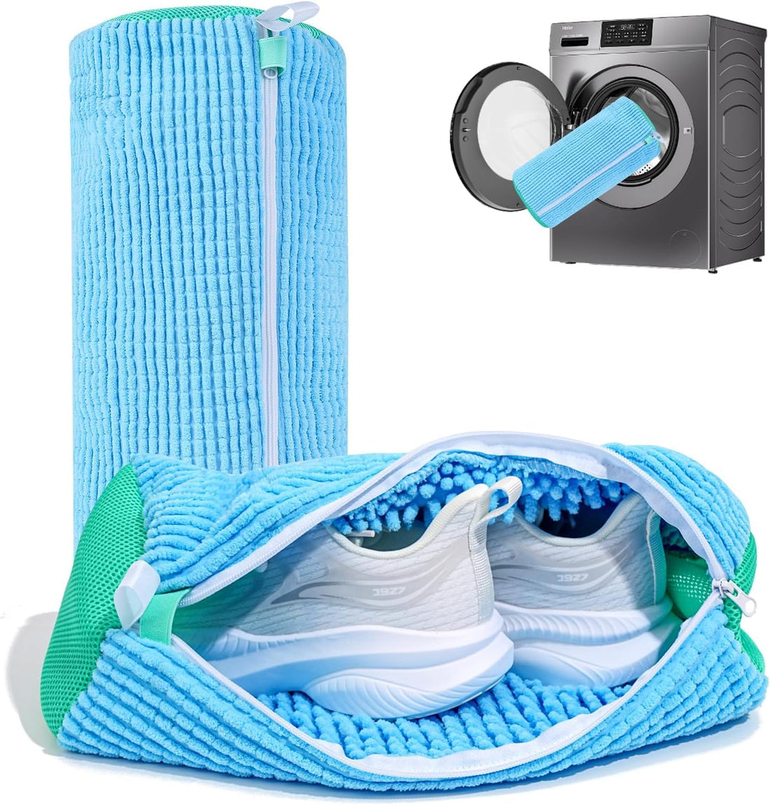 Shoe Washing Bag for Washing Machine and Dryer, Microfiber Shoe Cleaning Bag, Durable YKK Zipper and 6D Ventilation Mesh, Reusable for Sneakers (Blue)