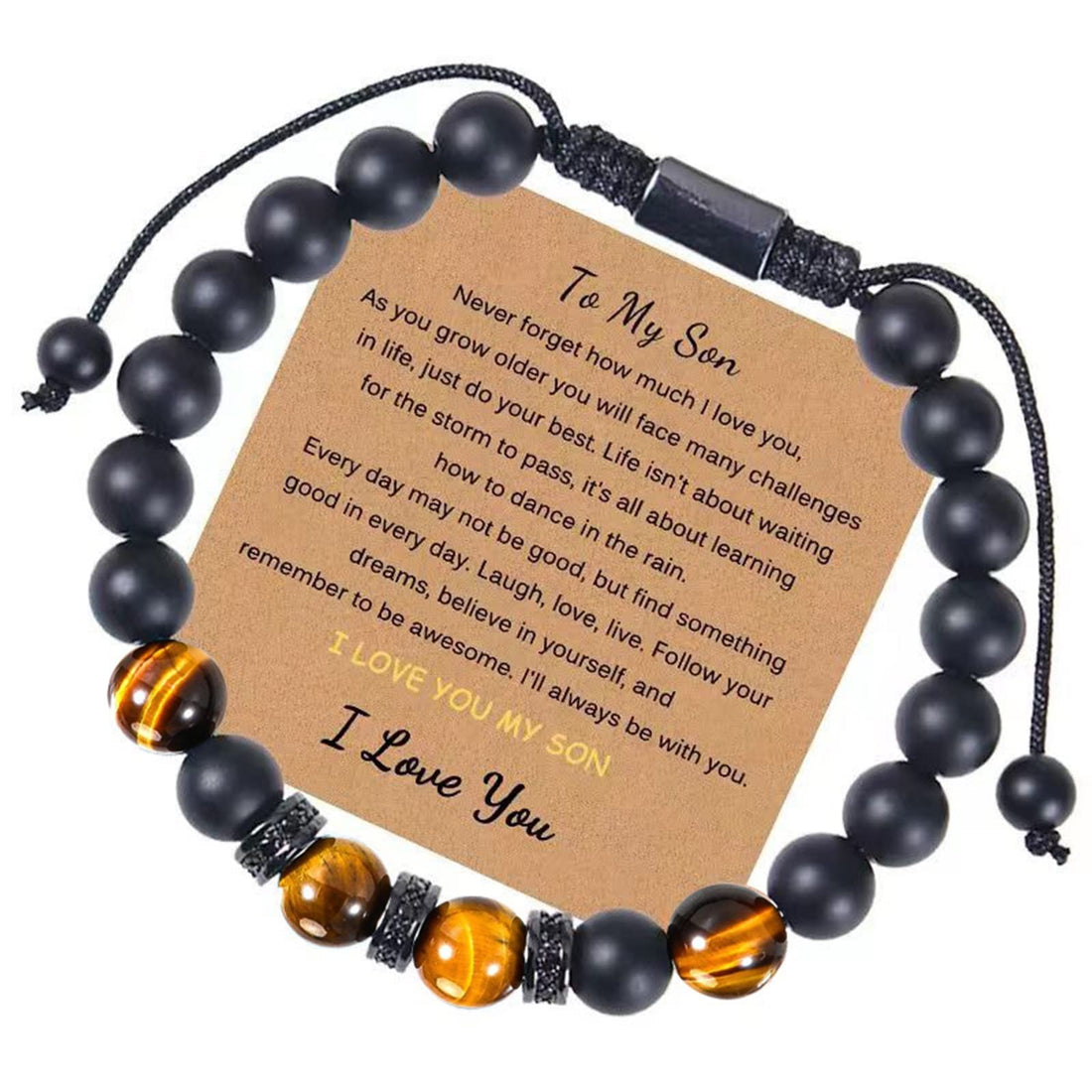 Fathers Day Dad Gifts: Birthday Christmas Inspiration Tiger Eye Stone Bracelets with Gift Box and Card, Jewelry Gifts with for Brother Son Husband Dad, 11.8 inch, Stone