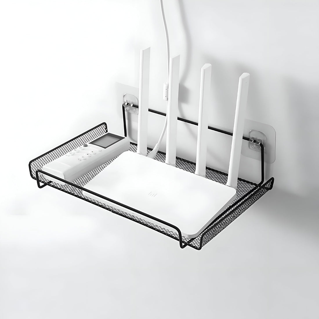 Wall Mounted Router Shelf - No Drill Installation with Adhesive Hooks, Metal Mesh Storage Organiser, Black, 30x17 cm, Ideal for Home or Office Network Equipment