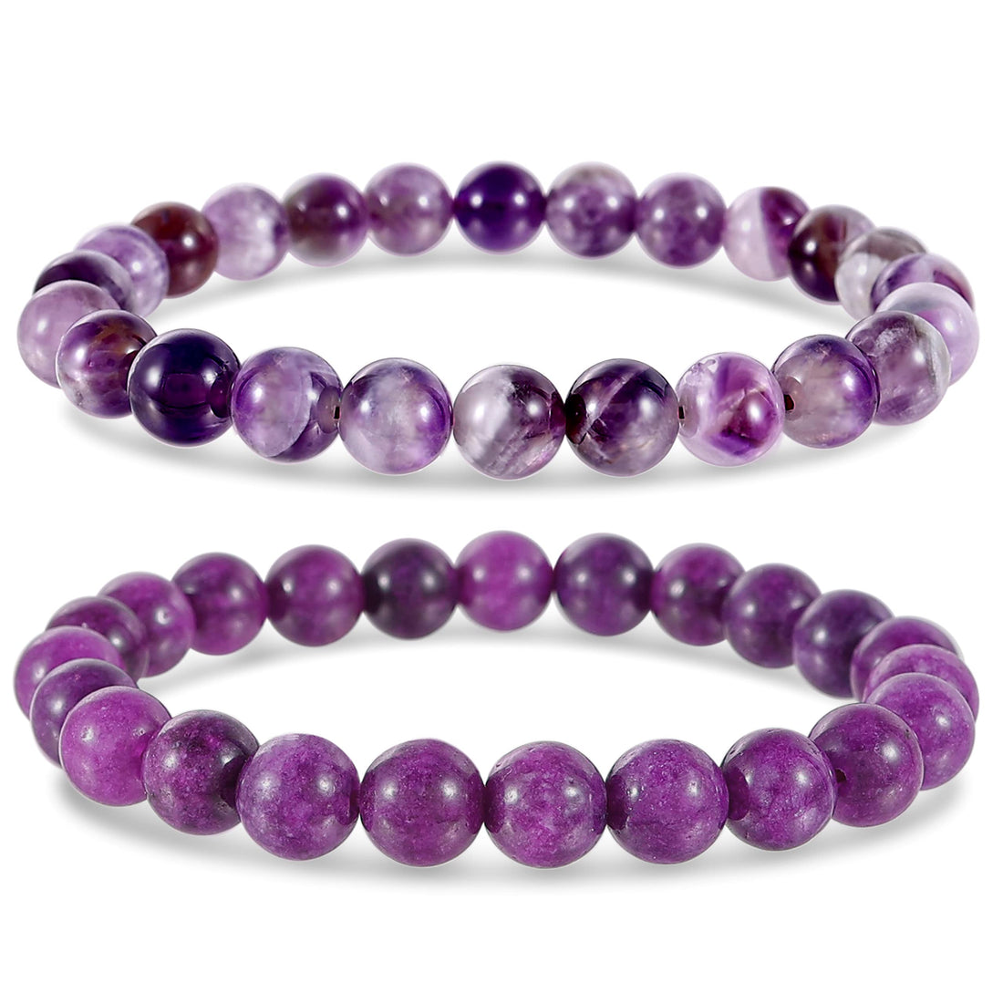 Bivei Natural Gemstone Semi Precious Crystals Handmade Stretchy Round Beads Bracelet, Enhance Positive Energy(Dog-Tooth Amethyst & Sugilite (Love & Happiness) Small)