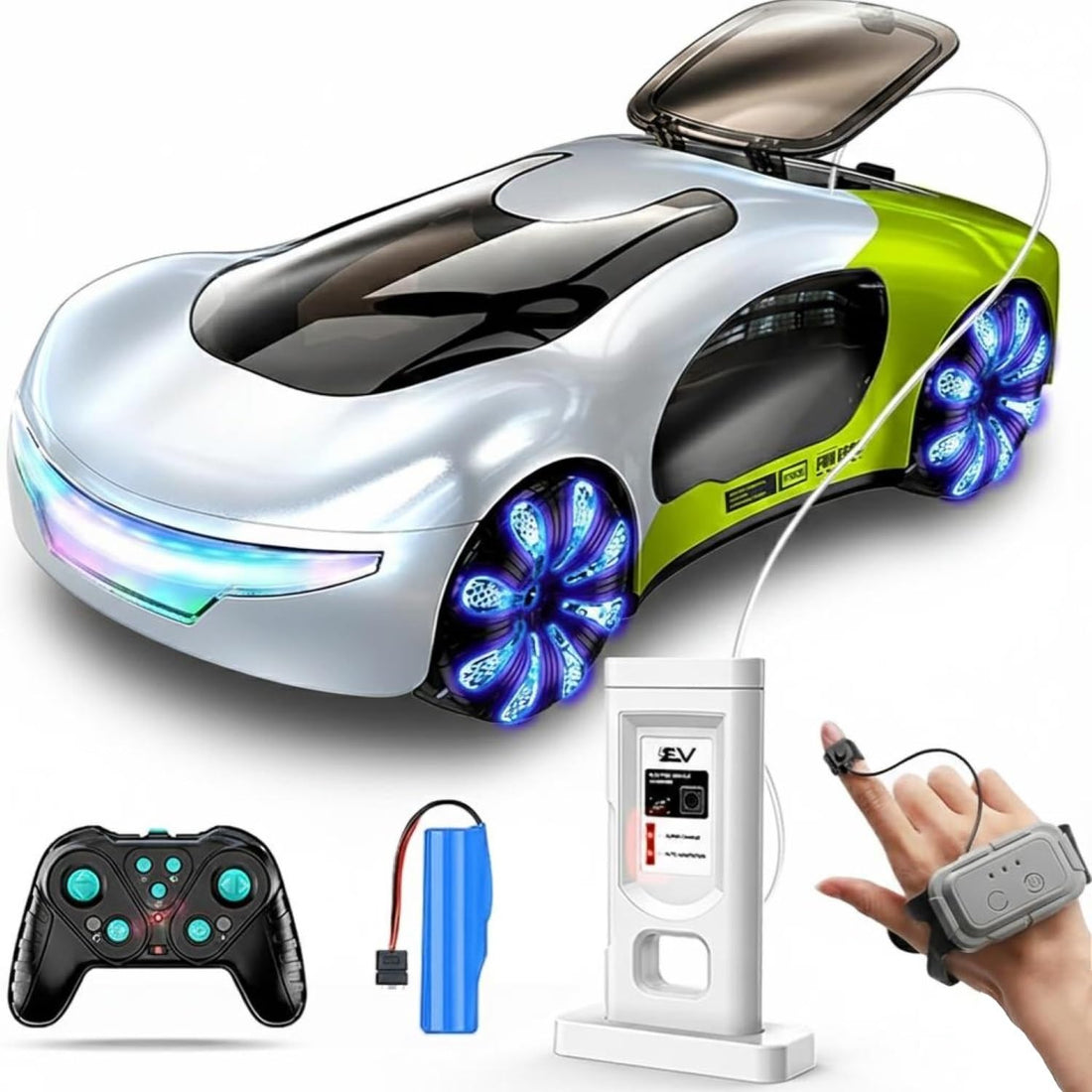 TOYS LAND Futuristic Remote Control Car Toy, Gesture Sensing RC Stunt Car with 360° Rotation, Mist Spray, LED Light & Sound, 2.4GHz Dual Control Drift RC Cars with Charging Dock for Kids Boys Girls 8+