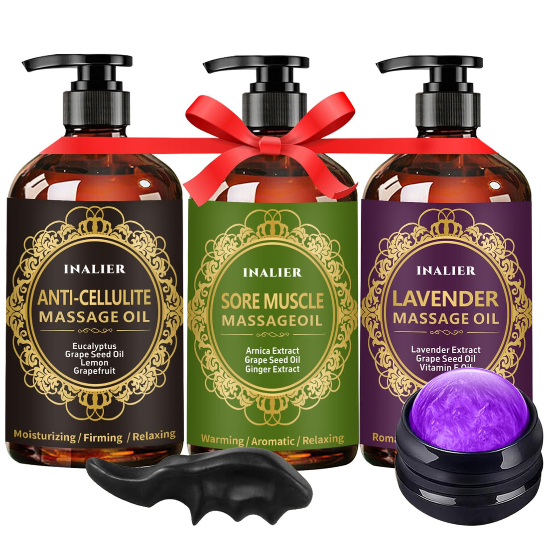 Massage Oils for Massage Therapy,Massage Kit Gifts for Women Men with Arnica, Lavender,Spa Gifts,3 Pack Cellulite,Sore Muscle & Lavender Massage Oils with Massage Ball